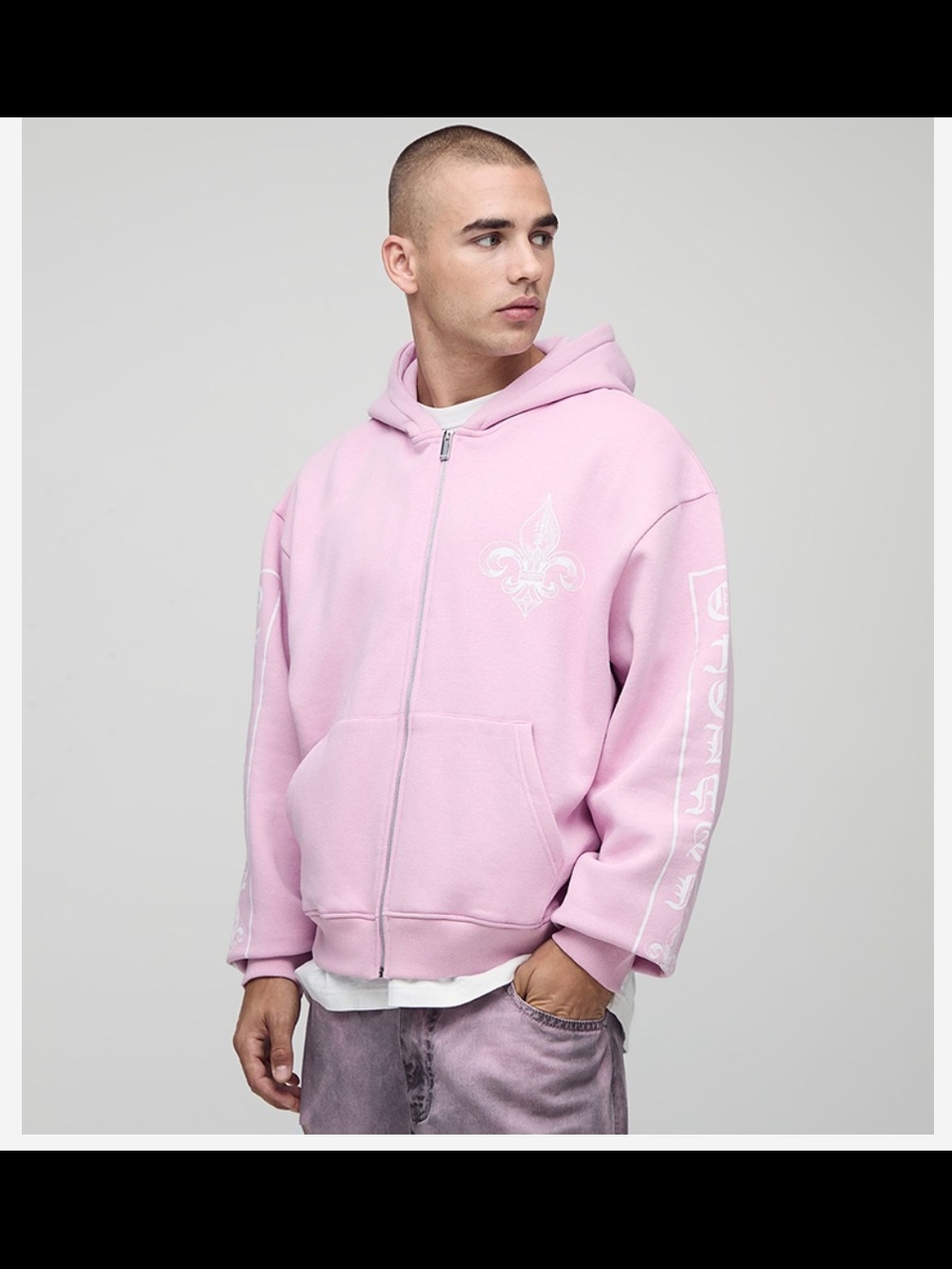 boohooMAN Pink Oversized Graphic Zip Up Hoodie Men's Size M Worldwide